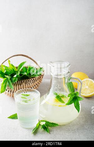 Sommerliches erfrischendes Limonadengetränk mit frischen Minzeblättern und Zitronenscheiben. Frisches, gesundes kaltes Minze- und Zitronengetränk. Stockfoto