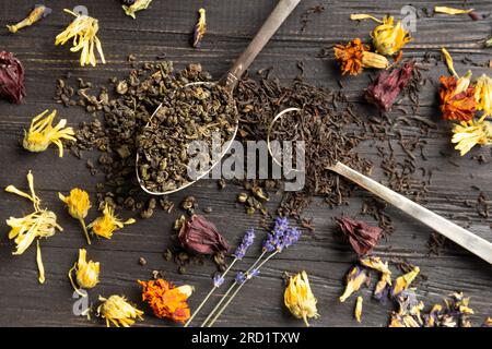Zusammensetzung von trockenem schwarzem und grünem Tee in klassischen Löffeln und trockenem Hibiskus, Kalendula, Lavendelblumen auf dunklem Holzhintergrund, Nahaufnahme von oben. Stockfoto