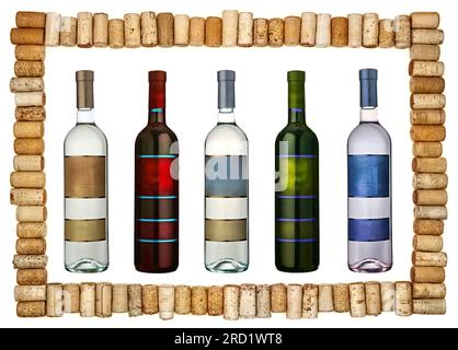 Ein Rahmen aus verschiedenen altmodischen Korkstopfen aus verschiedenen Weinsorten mit Weinflaschen mit Etiketten auf weißem Hintergrund Stockfoto