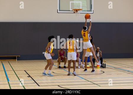 Fokussierte, vielfältige Basketballspielerinnen mit männlichem Trainer, der Basketball im Fitnessstudio spielt Stockfoto