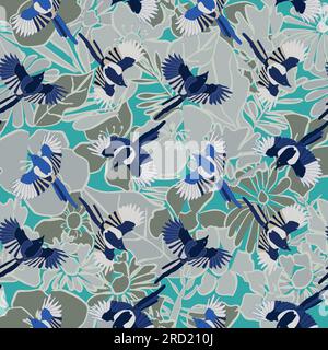 Schwarzer Elster, nahtloses Muster. Vögel mit Blumenelementen Vektor handgezeichnete Illustration. Design für Textilien, Geschenkverpackungen, Textilien, Cover. Stock Vektor