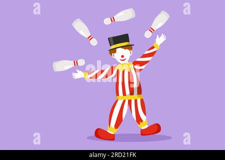 Flaches Grafikdesign mit männlichem Clown, der eine Bowlingnadel jongliert. Der spielende Clown war ein sehr lustiges und unterhaltsames Publikum. Zirkusvorstellung. Erfolgreiche Geschäfte Stockfoto