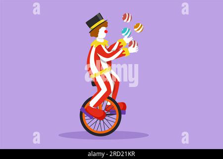 Cartoon-Figur mit attraktiven männlichen Clowns, die auf einem Fahrrad jonglieren. Der spielende Clown war sehr lustig und unterhielt das Publikum. Zirkusvorstellung Stockfoto