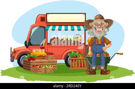 Illustration eines alten Bauern, der frisches Obst vom Food Truck verkauft Stock Vektor