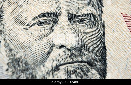 Porträt von US-Präsident Olysses S. Grant auf 50-Dollar-Banknote, Nahaufnahme Stockfoto