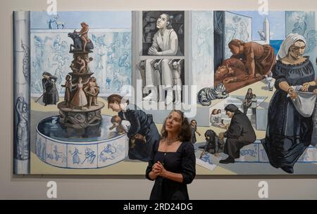 The National Gallery, London, Großbritannien. 18. Juli 2023. Mehr als 30 Jahre nachdem Dame Paula Rego (1935-2022), die erste assoziierte Künstlerin der National Gallery (1990-92), eingeladen wurde, ein Wandgemälde für den Sainsbury Wing Dining Room zu erstellen, Eine neue Ausstellung feiert die Beziehung einer der ehrgeizigsten öffentlichen Kommissionen von Rego mit dem Titel Crivelli's Garden zur Nationalgalerie und ihrer Sammlung. Ehemalige Kollegen aus der Galerie, die im letzten Gemälde modelliert haben, sehen sich die Werke, die sie 30 Jahre später gezeigt haben, noch einmal an. Kredit: Malcolm Park/Alamy Live News Stockfoto