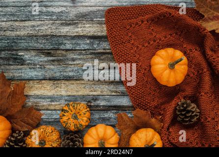 Warme und gemütliche handgemachte Decke mit Kürbissen, Zapfen und Herbstblättern auf Holzhintergrund. Rustikale Flachlagenkomposition mit Kopierraum. Stockfoto
