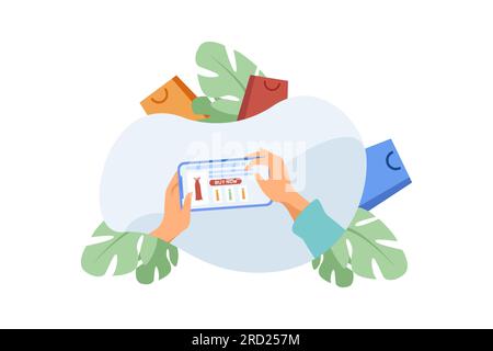 Frau kauft Kleidung auf der Website des Internetladens Stock Vektor