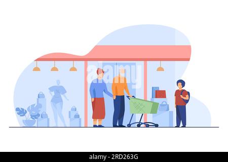 Seniorenpaar und Kind kaufen im Einkaufszentrum ein Stock Vektor