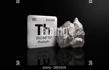 Thoriumelemente auf einem metallischen Periodentisch mit grauschwarzem metamiktischem Thorium auf dunklem Hintergrund. 3D gerendertes Symbol und Illustration. Stockfoto
