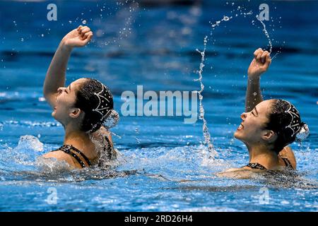 Fukuoka, Japan. 18. Juli 2023. Moe Higa aus Japan, Mashiro Yasunaga aus Japan, tritt während der Wasserweltmeisterschaft 20. in der Marine Messe Hall A in Fukuoka (Japan) am 18. Juli 2023 im Duet Free Preliminary an. Kredit: Insidefoto di andrea staccioli/Alamy Live News Stockfoto