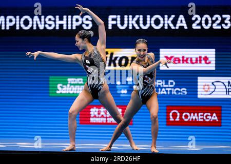 Fukuoka, Japan. 18. Juli 2023. Moe Higa aus Japan, Mashiro Yasunaga aus Japan, tritt während der Wasserweltmeisterschaft 20. in der Marine Messe Hall A in Fukuoka (Japan) am 18. Juli 2023 im Duet Free Preliminary an. Kredit: Insidefoto di andrea staccioli/Alamy Live News Stockfoto