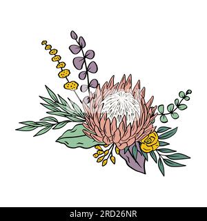 Farbenfrohe tropische protea-Blumen und Blattstrauß Stock Vektor
