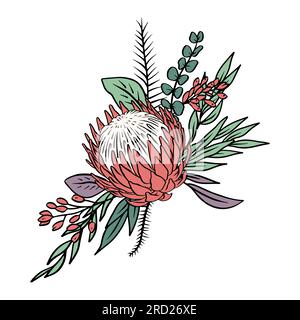 Farbenfrohe tropische protea-Blumen und Blattstrauß Stock Vektor