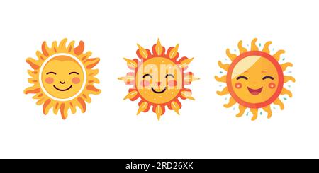 Sonne-Emoji. Lustiger Sommersonnenschein, Sonne Baby, fröhliche Morgen-Emoticons. Cartoon sonnige lächelnde Gesichter Vektorsymbole. Stock Vektor