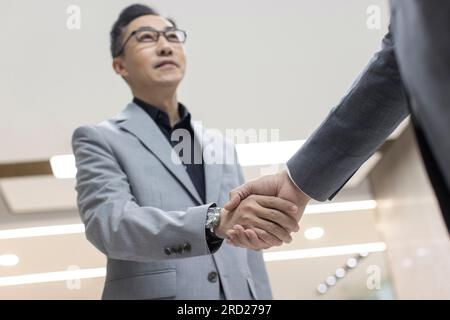 Erfolgreiche chinesische Geschäftsleute, die sich die Hand schütteln Stockfoto