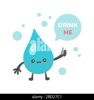 Wassertropfen mit Text TRINK MICH. Nachhaltiger Lebensstil, keine Abfälle, ökologisches Konzept. Vektordarstellung im Cartoon-Stil. Recycling, Abfallwirtschaft, Ökologie, Nachhaltigkeit. Stock Vektor