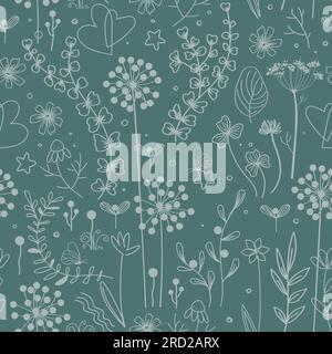 Wiesenblumen und Kräuter boho nahtloses Muster. Blühender Graskritzelhintergrund im skandinavischen Stil. Volksvektormuster Stock Vektor