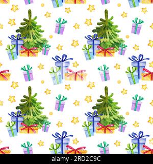 Wasserfarbenes, nahtloses Muster mit weihnachtsmotiv, Weihnachtsbaum und Geschenken, Winterzeichnung, handgezeichnete Skizze isoliert auf weißem Hintergrund. Stockfoto