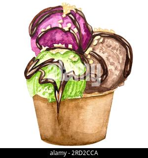 Wasserfarben handbemalte Eiskegel und Bälle Tasse gefrorenes Eis in grünen rosa gelben Farben Eis in Schokolade mit Schokoladenglasur Clip Art Stockfoto