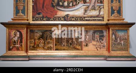 The National Gallery, London, Großbritannien. 18. Juli 2023 Mehr als 30 Jahre nachdem Dame Paula Rego (1935-2022), die erste assoziierte Künstlerin der National Gallery (1990-92), eingeladen wurde, ein Wandbild für den Sainsbury Wing Dining Room zu erstellen, feiert eine neue Ausstellung die Beziehung zu einer der ehrgeizigsten öffentlichen Kommissionen von Rego, Crivelli's Garden, Zur Nationalgalerie und ihrer Sammlung. Die Ausstellung, die lange Zeit in Zusammenarbeit mit Paula Rego geplant war, die letztes Jahr starb, vereint die monumentalen Kunstwerke mit dem Altarbild aus dem 15. Jahrhundert von Carlo Crivelli, das sie inspiriert hat (Detailfoto Stockfoto