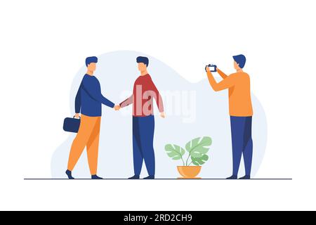 Zwei Geschäftsmänner schüttelten sich die Hand und ein anderer Mann fotografierte Stock Vektor