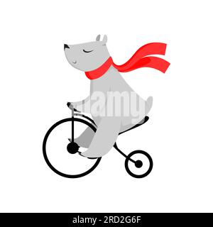 Cartoon-Bär in rotem Schal auf dem Fahrrad Stock Vektor