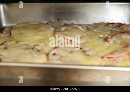 Köstliche hausgemachte rechteckige Pizza im Ofen. Stockfoto