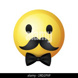 Hochwertiges Emoticon auf weißem Hintergrund. Gelbes Gesicht mit Schnurrbart. Mustache-Emoji-Vektor. Hipster-Emoji. Schnurrbart-Smiley. Stock Vektor