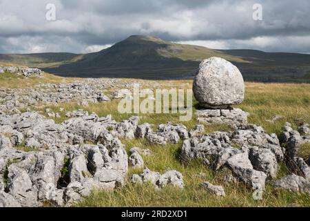 Unberechenbarer, kühner und Kalksteinpflaster auf Twisleton Scar, Scales Moor, mit Blick auf Ingleborough, in der Nähe von Ingleton, Yorkshire Dales National Park, England Stockfoto