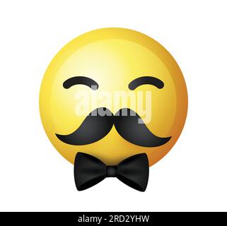 Hochwertiges Emoticon auf weißem Hintergrund. Gelbes Gesicht mit Schnurrbart. Mustache-Emoji-Vektor. Hipster-Emoji. Schnurrbart-Smiley. Stock Vektor