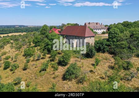 18. Juli 2023, Sachsen-Anhalt, Zeitz: Das Gebiet des ehemaligen Posa-Klosters, heute die 'Kultur- und Bildungsstätte Kloster - Posa e.V.' (Foto mit Drohne). Archäologen haben hier umfassende Details der ehemaligen Gebäude entdeckt. So sind beispielsweise einige Wände im Bereich des Südflügels des Gehäuses unerwartet gut erhalten, und die Nordfassade des Klosters über eine Länge von etwa zehn Metern ist immer noch etwa 70 cm hoch. Das Benediktinerkloster Posa wurde 1114 erbaut. 1573 wurde es infolge der Reformation aufgelöst. Th Stockfoto