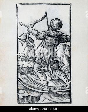 Ein Bild von Biarmen Bogenschützen, mit Bogen, Pfeilen und Skiern. Ein biarmer Mann war selbststolz, was Wikingerführer Ragnar Lodbrok bemerkte. Ra Stockfoto