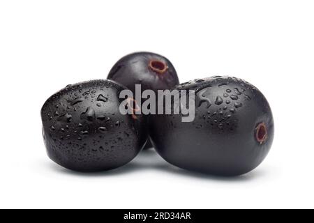 Nahaufnahme der Sammlung von indischen ayurvedischen medizinischen frischen Bio-Fruchtjamun (Syzygium Cumini) oder schwarzer Pflaume, isoliert auf weißem Hintergrund. Stockfoto