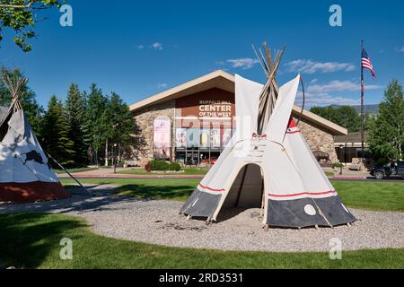 Blick von außen auf Buffalo Bill Center of the West, Cody, Wyoming, Vereinigte Staaten von Amerika Stockfoto