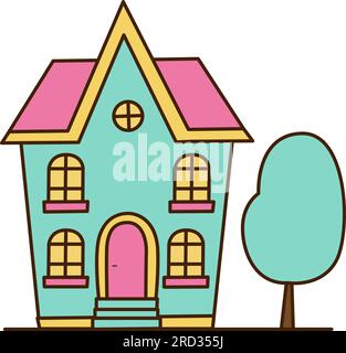 Vector wunderschönes blaues Haus Ikone. Vektor-Illustration eines süßen Hauses mit blauem Baum im Garten-Symbol. Stock Vektor