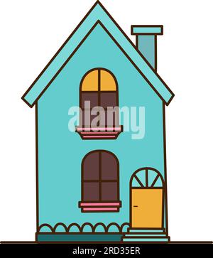 Vektorsymbol für blaues Haus mit geschlossenen Vorhängen. Zweistöckiges Vektorhaus mit einem Kaminsymbol. Stock Vektor