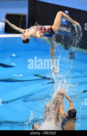 Fukuoka, Japan. 18. Juli 2023. Team China tritt während des technischen Finales des künstlerischen Schwimmens bei den World Aquatics Championships in Fukuoka, Japan, am 18. Juli 2023 auf. Kredit: Xu Chang/Xinhua/Alamy Live News Stockfoto