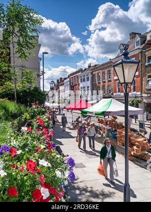 Guildford Market Day, High Street und Shopping auf einem blumigen sonnigen Sommer Kunst- und Handwerksstände Markt Day Guildford Surrey UK Stockfoto