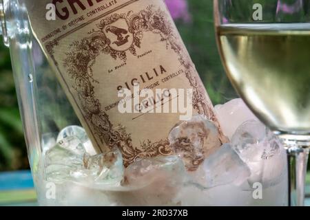 Grillo SIZILIEN Wein Flasche sizilianischen DOC Grillo Weißwein Wein Kühler & gegossen, Glas im Vordergrund alfresco Blumengarten Terrasse Lage Italien Stockfoto