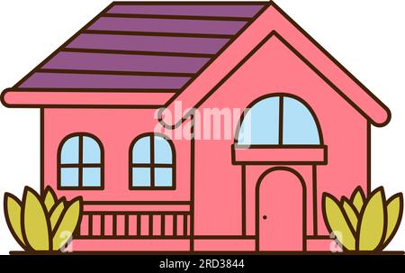Vektor altes rotes Cartoon-Haus mit lila Dachsymbol. Vektorhaus mit Büschelsymbol dekoriert. Stock Vektor
