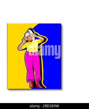 Collage für zeitgenössische Kunst. Stilvolle Seniorin, alte Dame in modernen Hüftsachen, die Musik über Kopfhörer hört Stockfoto