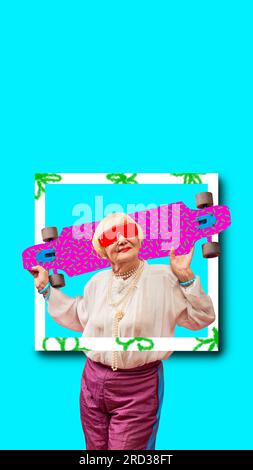 Collage für zeitgenössische Kunst. Swag-Style. Stilvolle Seniorin mit Skateboard. Jugendgeist Stockfoto