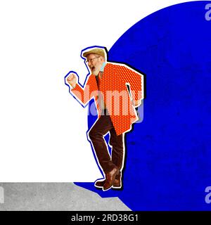 Collage für zeitgenössische Kunst. Stilvoller, erfahrener, fröhlicher Mann in farbenfroher Retro-Kleidung, der tanzt und Spaß hat Stockfoto