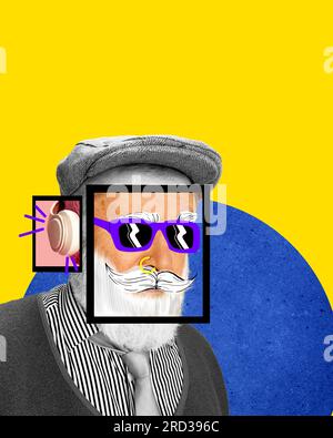 Collage für zeitgenössische Kunst. Stylischer Hüftslip. Seniorenmann mit Dübeln auf gelbem blauem Hintergrund. Jugendgeist Stockfoto