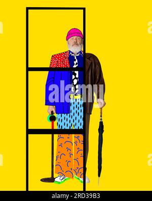 Collage für zeitgenössische Kunst. Ein älterer Mann in stilvollen, modernen Kleidern, wieder ein leuchtend gelber Hintergrund Stockfoto
