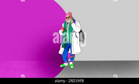 Collage für zeitgenössische Kunst. Stylischer Hüftslip. Senior Mann trägt moderne, modische Kleidung vor abstraktem Hintergrund. Stockfoto