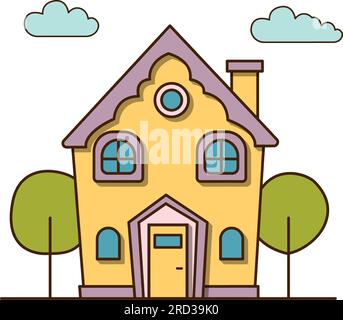 Gelbes Vektorhaus mit pinkfarbenem Dachsymbol. Vektor-Vorderansicht eines grünen Vorstadthauses mit Gartensymbol. Stock Vektor