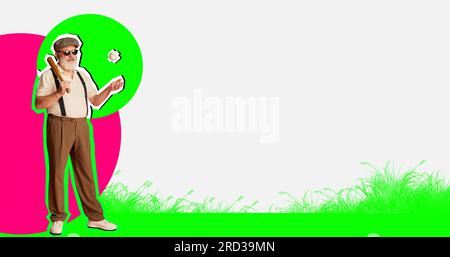 Collage für zeitgenössische Kunst. Stilvoller, eleganter Senior-Mann mit Fledermaus und Baseballball. Banner. Hobby Stockfoto