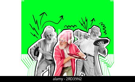 Collage für zeitgenössische Kunst. Fröhlicher, fröhlicher Senior-Mann in moderner Kleidung, tanzend, spielend auf einem Schallplattenspieler. Dj Stockfoto